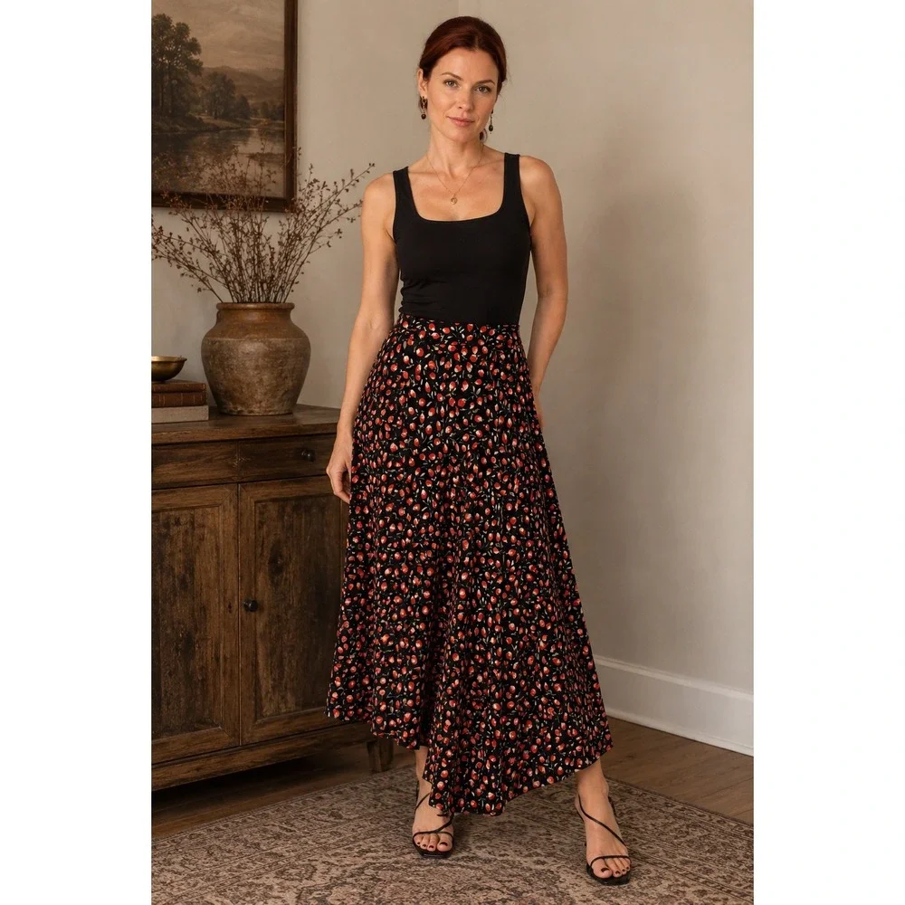 Floral Fruit Bud Print Navy‎ Maxi Skirt L/XL High Waisted Flowy Cotton Blend